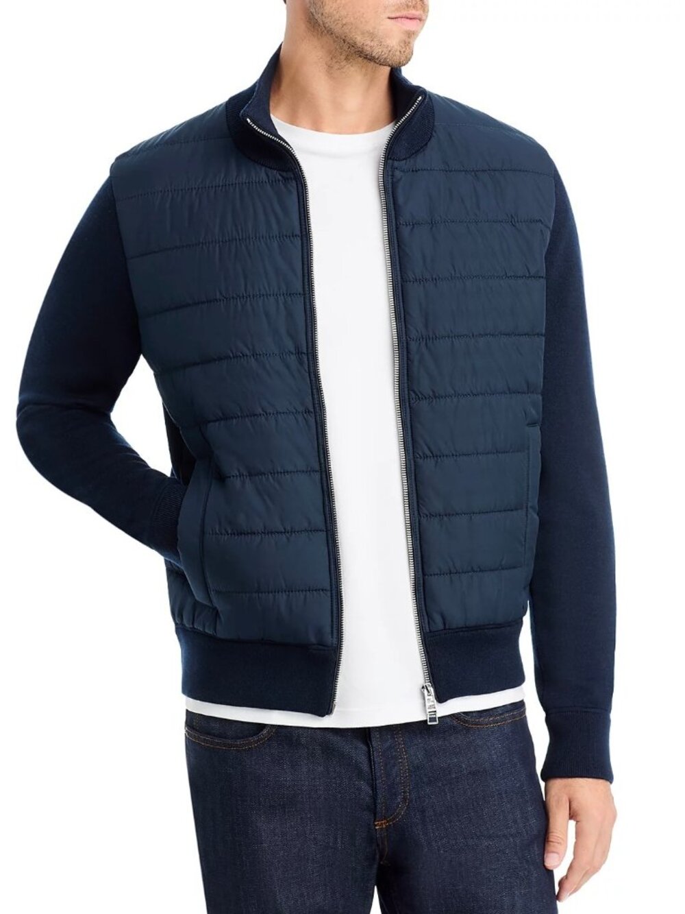 BOSS Hernesto Virgin Wool Knit Mixed Media Zip Jacket Mens Dark Blue 2XL NWT 399